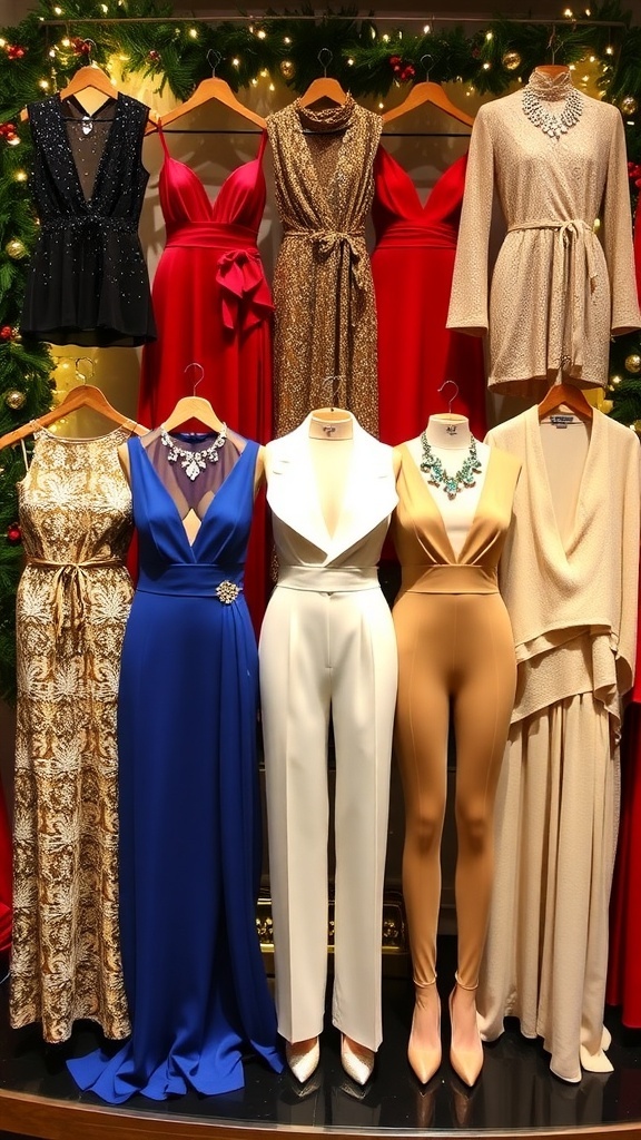 A collection of glamorous Christmas party outfits including dresses, jumpsuits, and accessories displayed with holiday decorations.